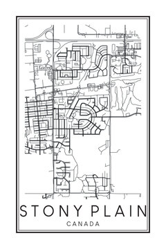 Hand drawn printable downtown road map poster of the Canadian town of STONY PLAIN on solid white background with town name