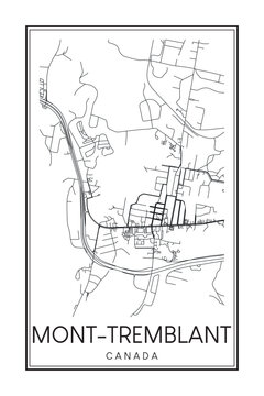 Hand drawn printable downtown road map poster of the Canadian town of MONT-TREMBLANT on solid white background with town name