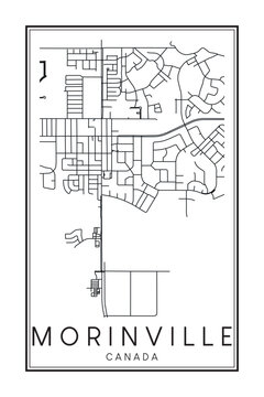 Hand drawn printable downtown road map poster of the Canadian town of MORINVILLE on solid white background with town name