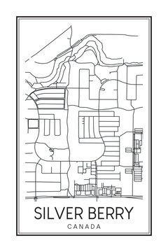 Hand drawn printable downtown road map poster of the Canadian town of SILVER BERRY on solid white background with town name