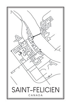 Hand drawn printable downtown road map poster of the Canadian town of SAINT-FELICIEN on solid white background with town name