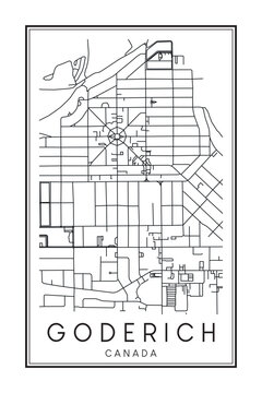 Hand drawn printable downtown road map poster of the Canadian town of GODERICH on solid white background with town name