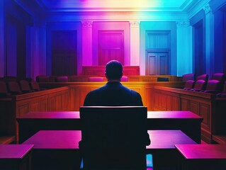Poster - A man sits at a desk in a courtroom, involved in a legal process