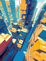 Poster - Colorful Abstract Warehouse with Stacked Boxes and Tall Shelving in a Modern Artistic Interpretation of Logistics and Distribution