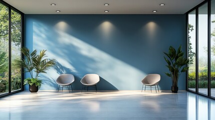 Aufkleber - In a serene setting, a modern waiting area showcases minimalist design with soft blue walls, stylish chairs, and lush greenery that creates a calming atmosphere for visitors