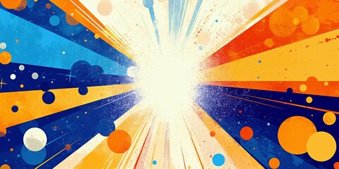 Poster - Colorful abstract burst of light with radial lines and vibrant circles in blue, orange, and yellow shades creating a dynamic energetic background scene
