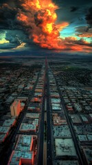 Poster - Fiery sunset over a city, viewed from above. Dark, brooding clouds contrast with bright orange hues. Long, straight roads stretch through urban landscape.