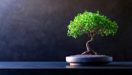 Poster - Serene Bonsai Tree in Minimalistic Pot on Dark Surface, Capturing Peaceful Essence of Nature and Artistry for Tranquil Ambiance and Zen Environment