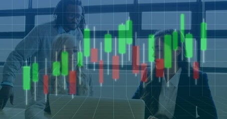 Poster - Analyzing financial data with candlestick chart overlay, business team collaborating