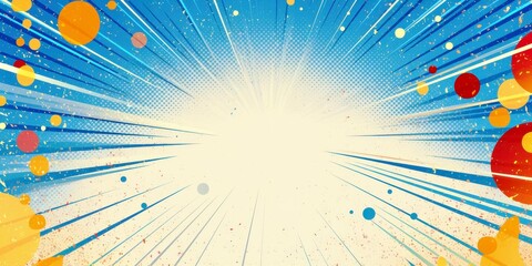 Poster - Vibrant Explosion Background with Dynamic Light Rays and Colorful Circles in Blue, Yellow, Red and Orange for Creative Design and Visual Projects