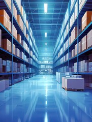 Poster - Modern warehouse interior with bright lighting, organized shelves, and neatly stacked boxes on pallets showcasing efficient storage and logistics planning