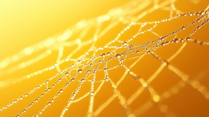 Close up of a spiderweb glistening with water droplets, illuminated by warm, golden sunlight. The intricate web details and bokeh effect create a dreamy, serene atmosphere.