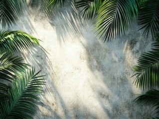 Aufkleber - A concrete wall covered in palm leaves, perfect for decorating or as a background image