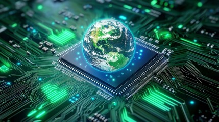 Poster - a glowing earth rests on a computer microchip, surrounded by intricate green circuit boards. the ima