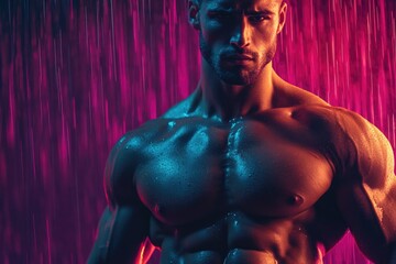 Poster - A shirtless man stands behind a bright red curtain, ready for his close-up