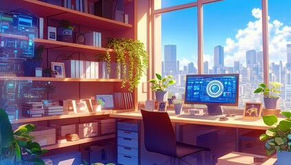 Poster - Bright and Inspiring Workspace with Modern Technology, Plants, and Cityscape View through Large Windows in a Sunny Environment