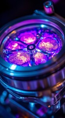 Poster - Close up view of a metallic object with a circular, glowing purple component. The intricate details and lighting create a futuristic or high tech aesthetic.