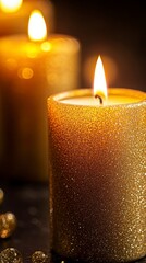 Poster - Close up of two gold glitter candles burning brightly on a dark surface, warm and inviting.