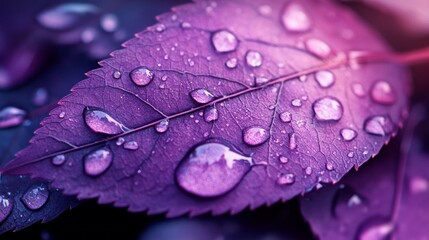 Aufkleber - Captivating close-up showcases a purple leaf adorned with glistening water droplets, highlighting nature's artistry after a refreshing rain. This moment celebrates the intricate patterns of life