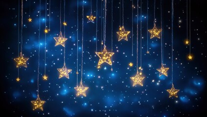 Poster - Illuminated Stars Hanging from the Night Sky, Glowing with Warm Light, Creating a Magical and Dreamy Atmosphere for Events and Celebrations