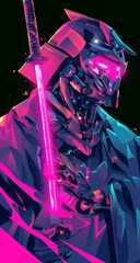 Poster - Robotic Samurai Warrior with Neon Colors and Futuristic Technologies in a Dark Background, Ideal for Sci-Fi and Cyberpunk Themes