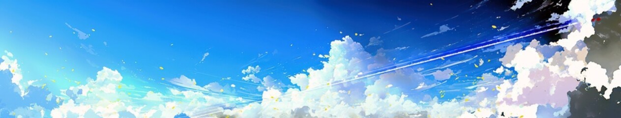 Poster - Vibrant Blue Sky with White Clouds and Airplane Contrails, Ideal for Travel, Nature and Aviation Themes