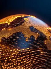 Poster - glowing digital globe with illuminated continents, dark background, detailed texture, close up view.