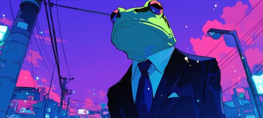Poster - Surreal Scene of Frog in Suit Standing on Urban Street Under Neon Sky Evoking Futuristic Feeling of City Life and Nature's Harmony at Dusk