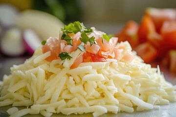 Poster - A plate of shredded cheese topped with fresh tomatoes, ready for snacking or serving