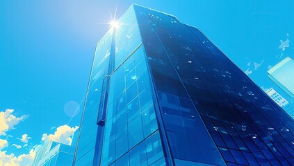 Poster - Modern skyscraper under bright blue sky with shining sunlight reflecting on glass facade and fluffy clouds, representing urban architecture and innovation
