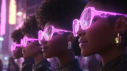 Poster - The scene is set in a futuristic world where people from different backgrounds, all wearing glasses, are surrounded by bright neon lights that represent the fusion of technology and social bonding