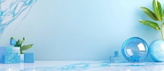 Poster - The room is a minimalist abstract setting with blue tones and cube formations guiding towards a light