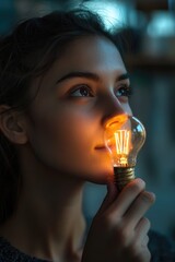 Poster - A woman holds a light bulb in front of her face, illuminating her features