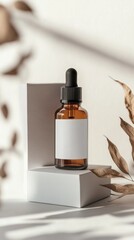 Poster - Aromatic oil container on wooden crate, perfect for wellness and spa settings