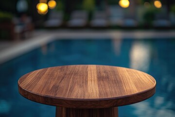 Poster - A simple wooden table placed beside a swimming pool, perfect for outdoor gatherings or relaxation