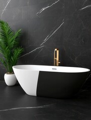 Poster - Modern bathroom interior with a half black and half white bathtub, gold faucet, and a potted plant against a dark marble wall. Clean and minimalist design.