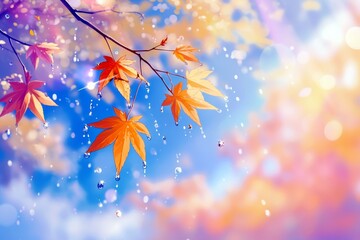 Poster - Vibrant Autumn Leaves Glistening with Raindrops Against a Colorful Background of Soft Blue and Warm Sunset Hues in a Nature Scene