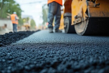 Poster - A close-up shot of a road being paved with asphalt