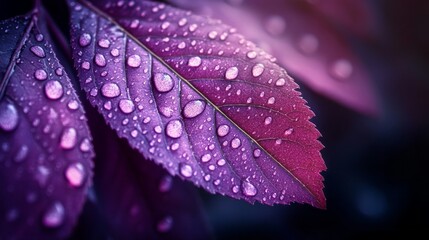 Poster - Vivid purple leaves glisten with fresh droplets of water, capturing the ethereal essence of nature. Soft light filters through, enhancing their rich tones and delicate details