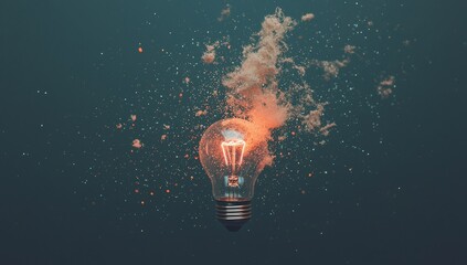 Wall Mural - against a dark background, a glowing lightbulb composed of energy particles shines with a gentle, et