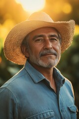Poster - A man wearing a straw hat and a blue shirt, casual outfit for outdoor activities or summer days