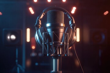 Poster - A close-up shot of a microphone with a pair of headphones resting on top, ideal for use in music studios or recording sessions
