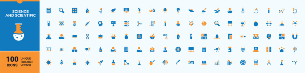 Wall Mural - science colorful solid icons. pack of research, biotechnology, scientific, bio, laboratory, lab, che