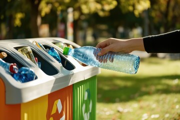 Poster - A person disposing of waste by throwing a bottle into a trash can