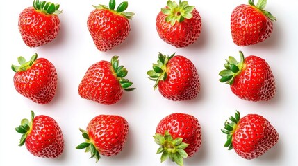 Poster - Twelve ripe red strawberries arranged in a grid pattern on a white background. A clean, bright overhead shot.