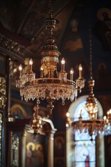 Aufkleber - A chandelier hangs from the ceiling of a church, lit by natural light streaming through a beautiful stained glass window