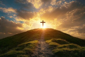 Aufkleber - A cross standing tall on top of a hill during sunset, with the sky painted in warm colors
