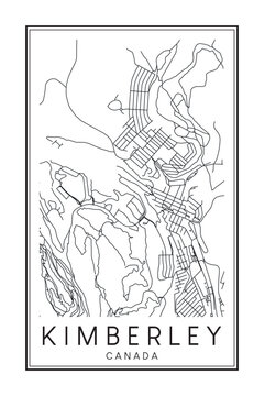 Hand drawn printable downtown road map poster of the Canadian town of KIMBERLEY on solid white background with town name