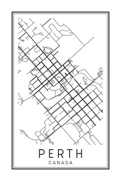 Hand drawn printable downtown road map poster of the Canadian town of PERTH on solid white background with town name
