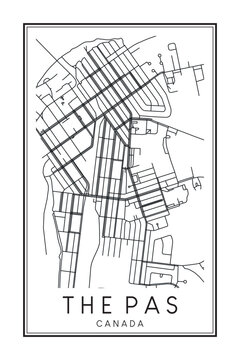 Hand drawn printable downtown road map poster of the Canadian town of THE PAS on solid white background with town name